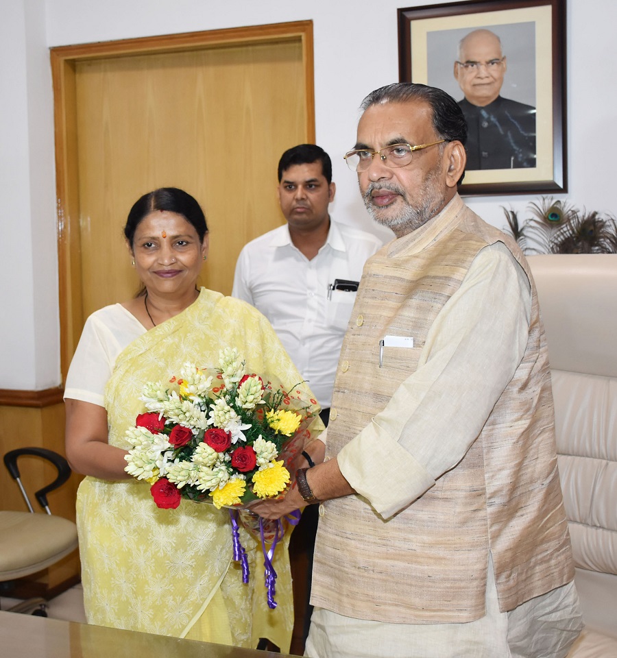 Radha Mohan Singh greeting the new Minister of State for Agriculture & Farmers Welfare, Krishna Raj, in New Delhi September 04, 2017.