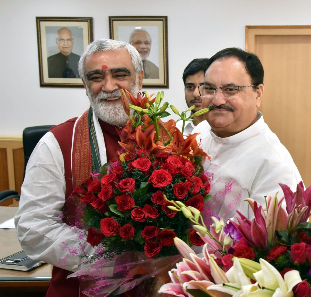 The Union Minister for Health & Family Welfare, Mr J P Nadda greeting the new Minister of State for Health and Family Welfare, Ashwini Kumar Choubey, in New Delhi September 04, 2017.
